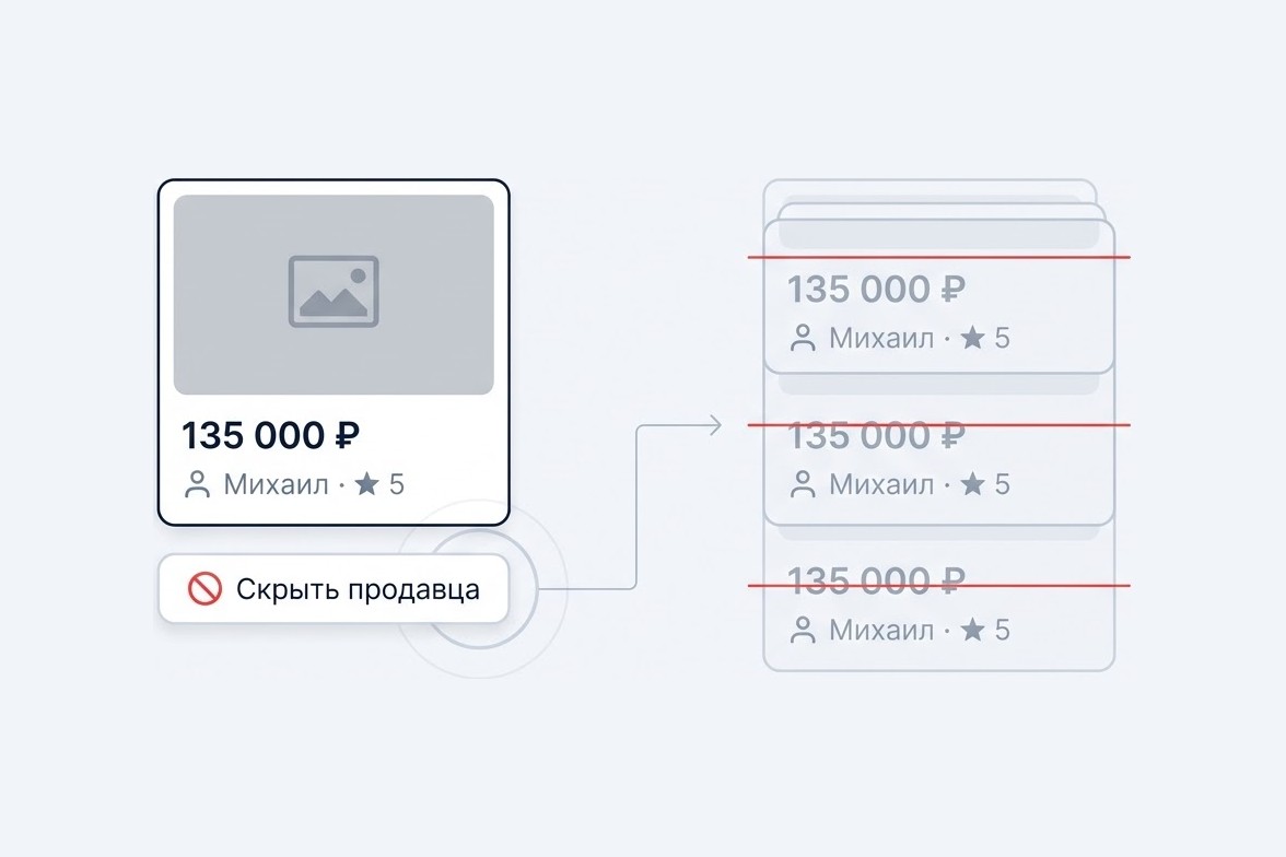 Кнопка «Скрыть продавца» под карточкой объявления